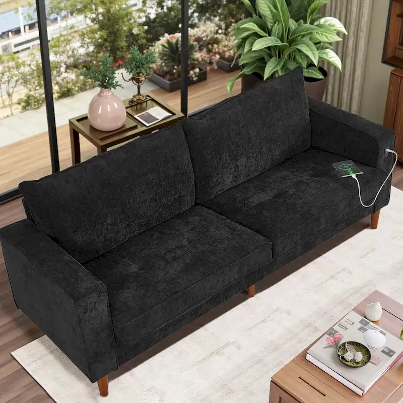 Canapé moderne 82.68 en chenille rembourrée, canapé deux places avec ports USB pour le salon