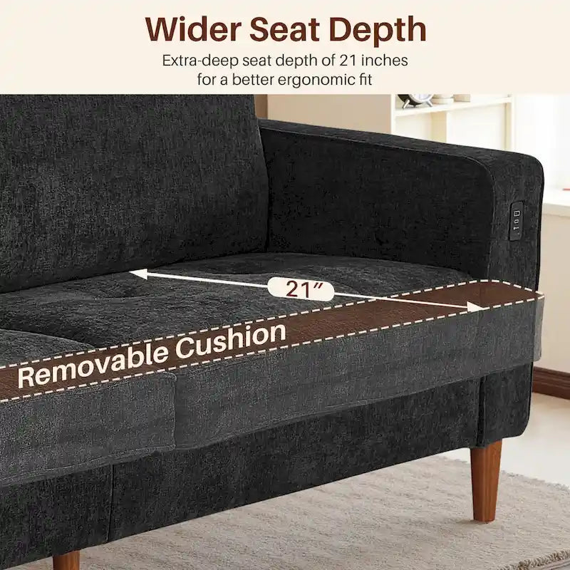 Canapé moderne 82.68 en chenille rembourrée, canapé deux places avec ports USB pour le salon