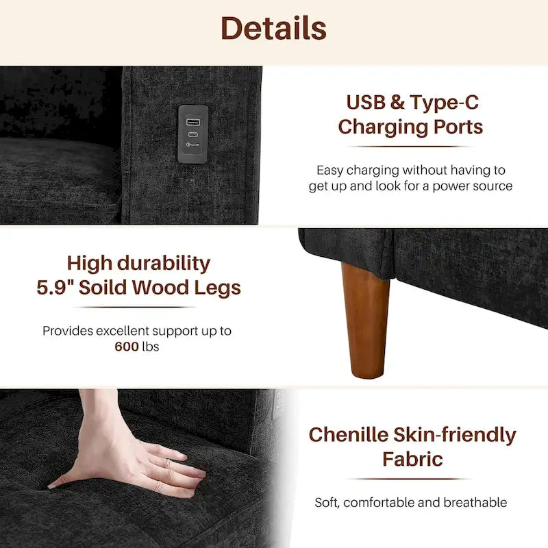Canapé moderne 82.68 en chenille rembourrée, canapé deux places avec ports USB pour le salon