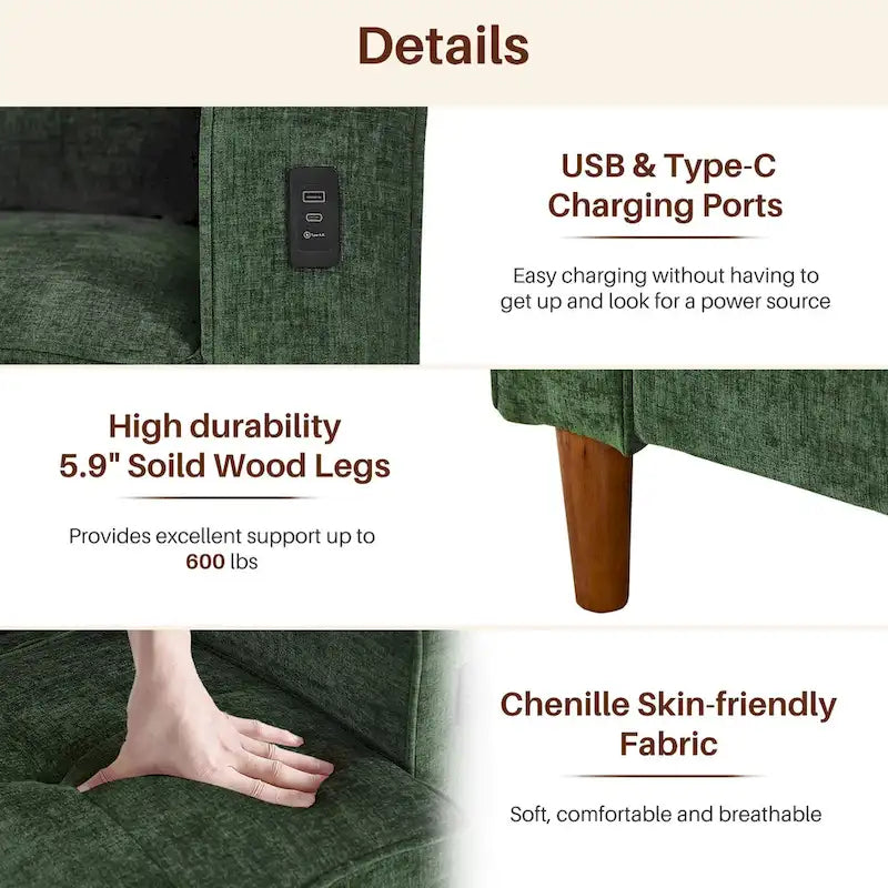 Canapé moderne 82.68 en chenille rembourrée, canapé deux places avec ports USB pour le salon