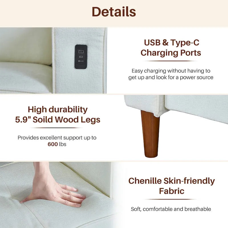 Canapé moderne 82.68 en chenille rembourrée, canapé deux places avec ports USB pour le salon