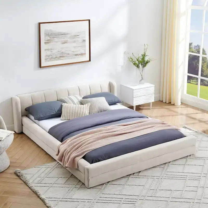 Lit bas à dossier enveloppant en tissu chenille, cadre de lit queen size rembourré en tissu épais, avec cadre de soutien à lattes en bois massif