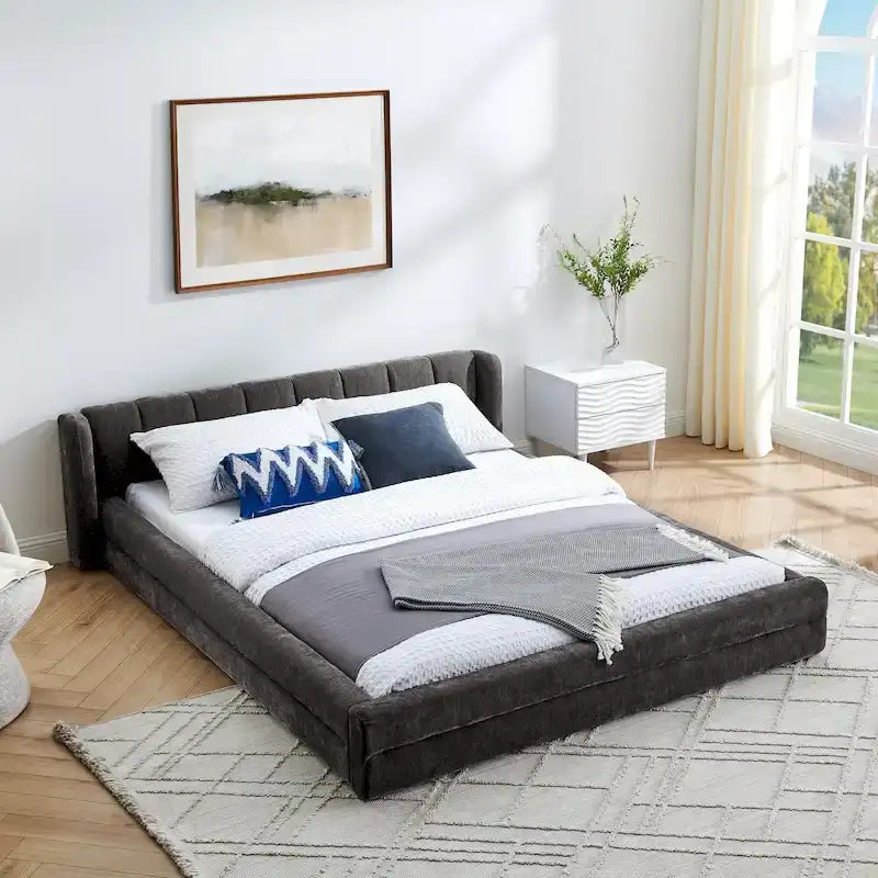 Lit bas à dossier enveloppant en tissu chenille, cadre de lit queen size rembourré en tissu épais, avec cadre de soutien à lattes en bois massif