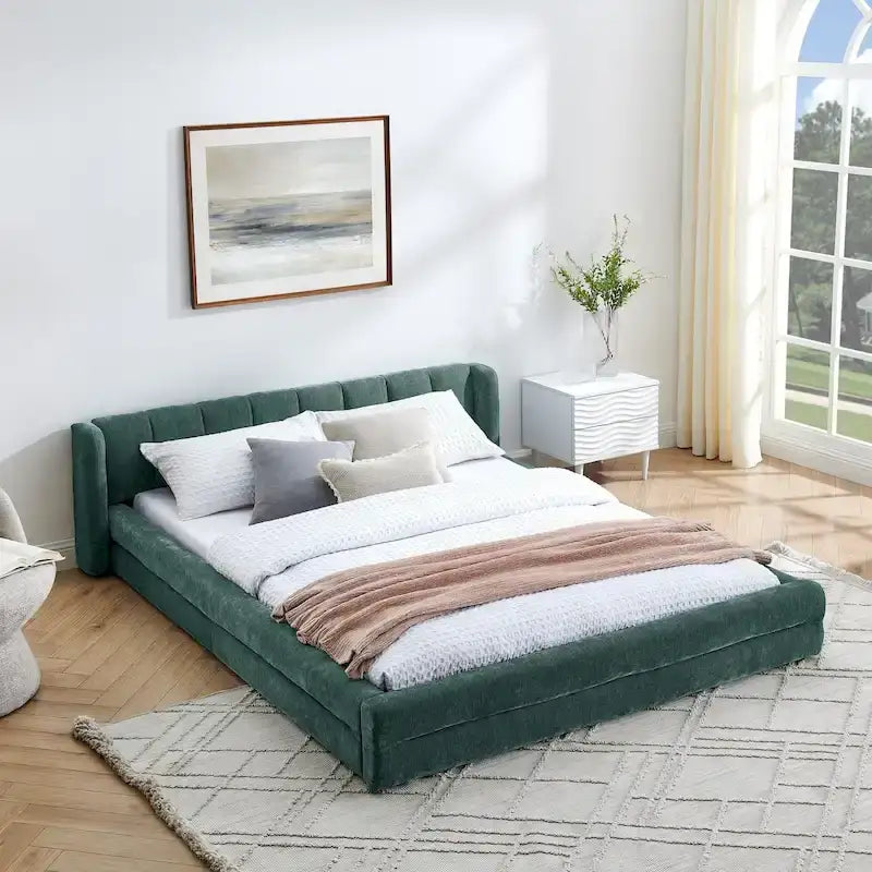 Lit bas à dossier enveloppant en tissu chenille, cadre de lit queen size rembourré en tissu épais, avec cadre de soutien à lattes en bois massif