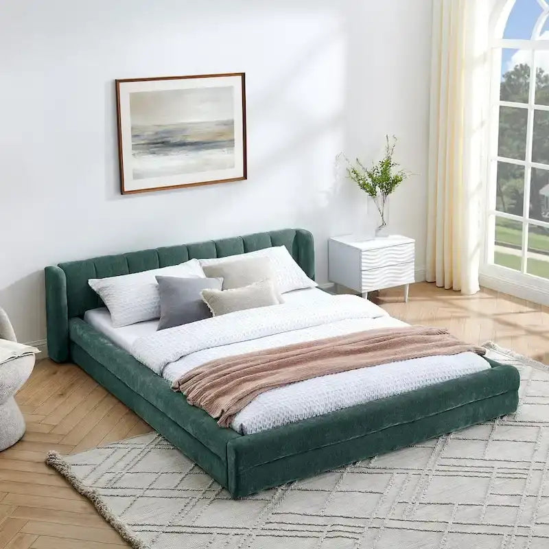 Chenille Fabric Grounded Bed, Thick Fabric Upholstered Bedframe Queen Size Low Wingback Bed with Solid Wood Slat Support Frame