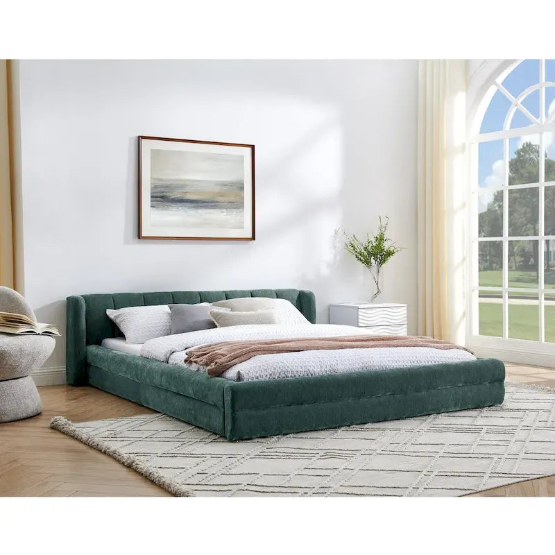 Lit bas à dossier enveloppant en tissu chenille, cadre de lit queen size rembourré en tissu épais, avec cadre de soutien à lattes en bois massif
