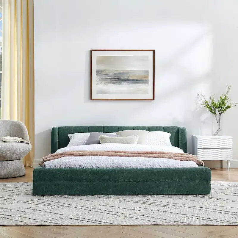 Lit bas à dossier enveloppant en tissu chenille, cadre de lit queen size rembourré en tissu épais, avec cadre de soutien à lattes en bois massif