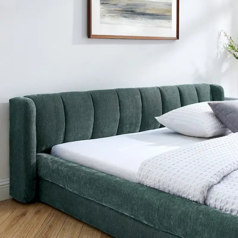 Lit bas à dossier enveloppant en tissu chenille, cadre de lit queen size rembourré en tissu épais, avec cadre de soutien à lattes en bois massif
