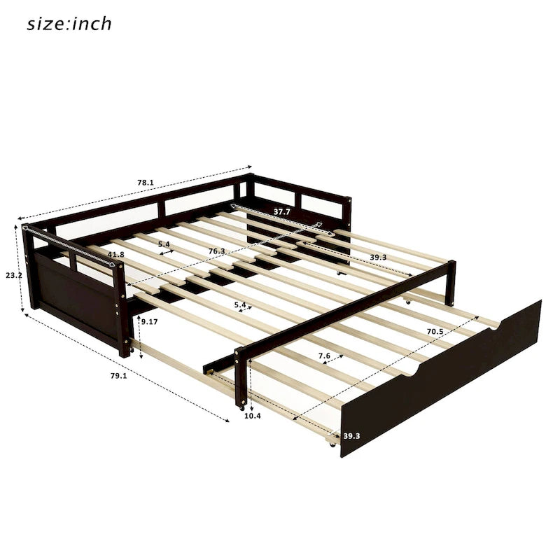 Lit de repos simple extensible noir en pin avec lit gigogne - cadre robuste et kit de lattes inclus
