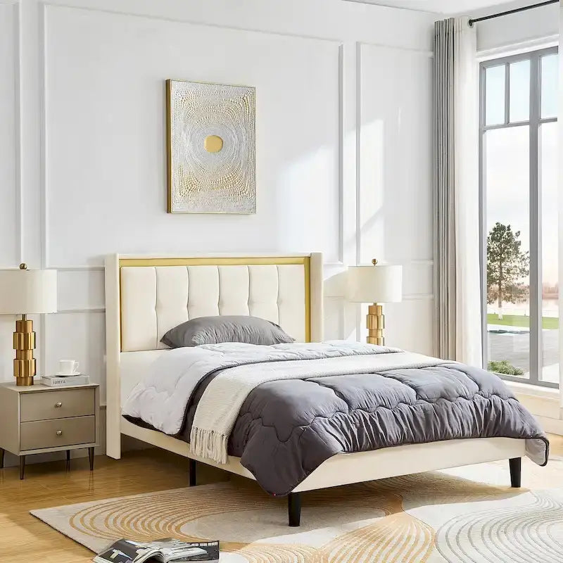 Cadre de lit plateforme queen size blanc rembourré avec tête de lit, lattes en bois robustes, capacité de charge élevée