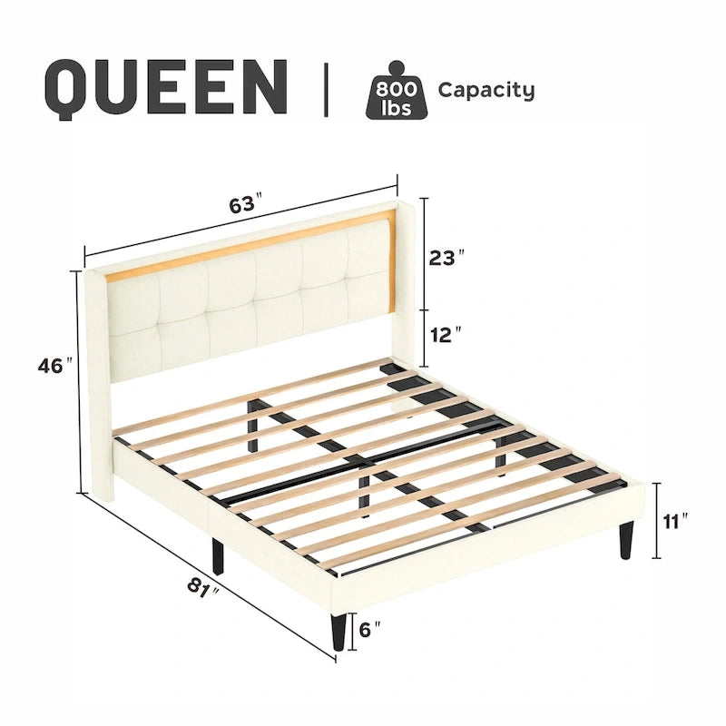 Cadre de lit plateforme queen size blanc rembourré avec tête de lit, lattes en bois robustes, capacité de charge élevée