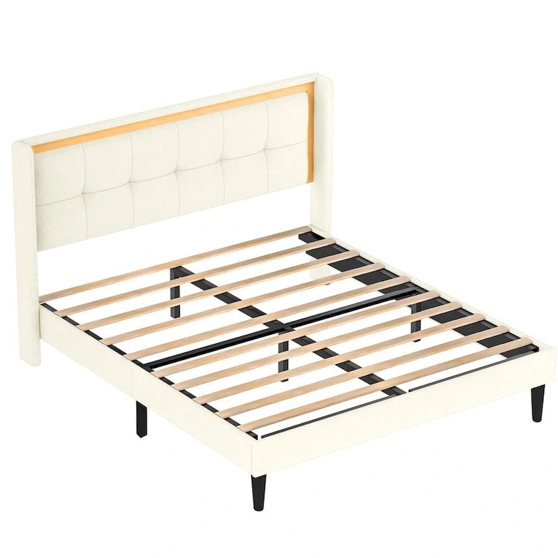 Cadre de lit plateforme queen size blanc rembourré avec tête de lit, lattes en bois robustes, capacité de charge élevée