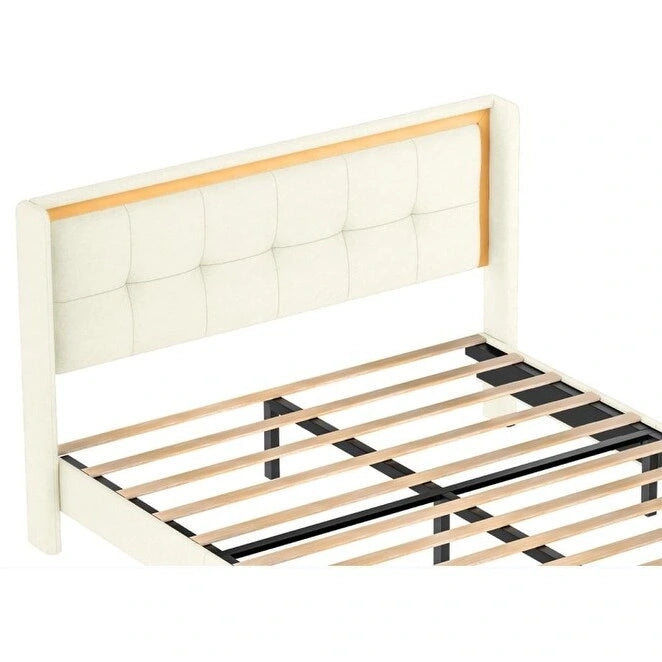 Cadre de lit plateforme queen size blanc rembourré avec tête de lit, lattes en bois robustes, capacité de charge élevée