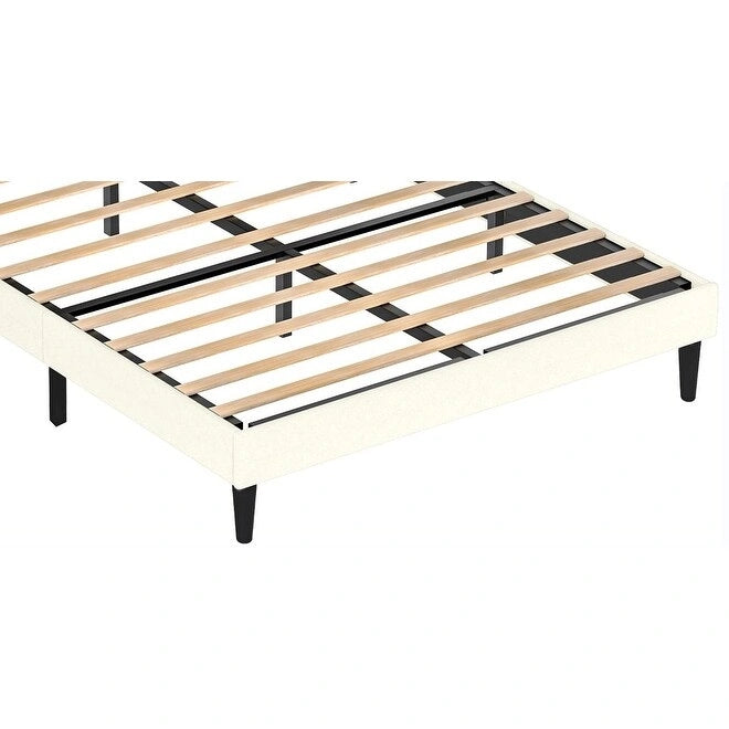 Cadre de lit plateforme queen size blanc rembourré avec tête de lit, lattes en bois robustes, capacité de charge élevée