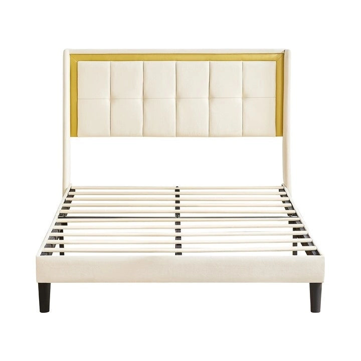 Cadre de lit plateforme queen size blanc rembourré avec tête de lit, lattes en bois robustes, capacité de charge élevée