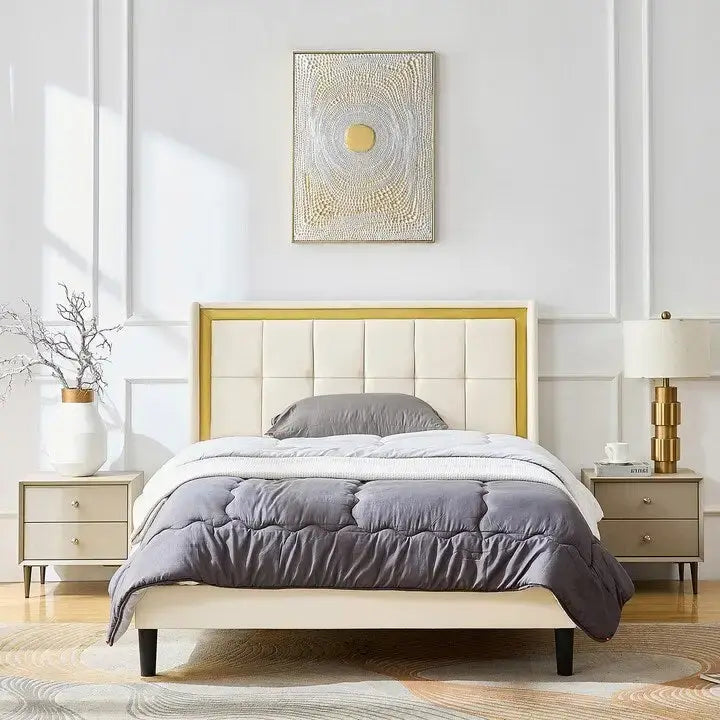 Cadre de lit plateforme queen size blanc rembourré avec tête de lit, lattes en bois robustes, capacité de charge élevée