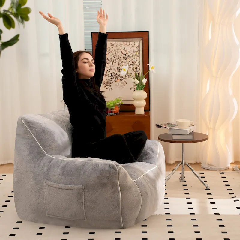 Faux Fur Bean Bag Chair with Back Support, High-Density Shredded Foam Filler, and Versatile Design