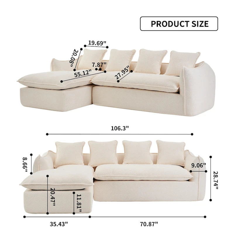 106.3 Oversized L-Shaped 3-Seat Sofa with Chaise and 4 Pillows
