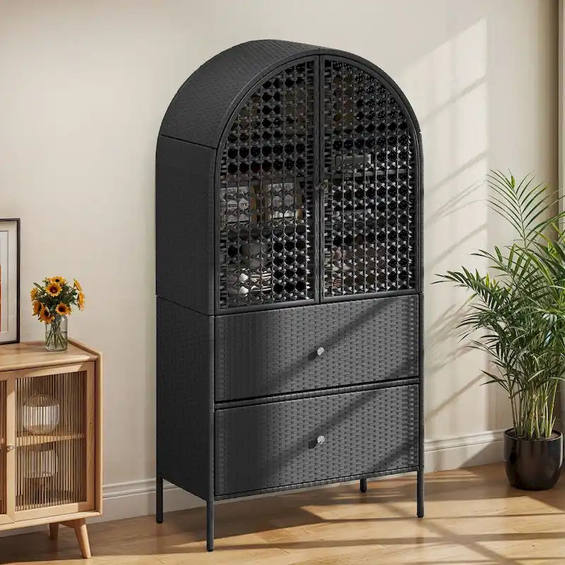 Armoire de cuisine haute de 65 à façade cintrée en osier, style maison de campagne, avec 3 étagères et 2 tiroirs