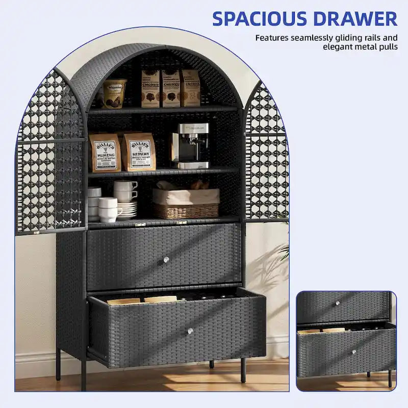 Armoire de cuisine haute de 65 à façade cintrée en osier, style maison de campagne, avec 3 étagères et 2 tiroirs