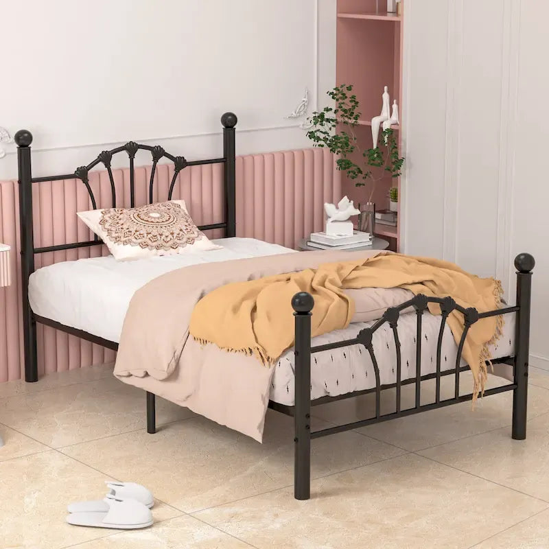Cadre de lit plateforme classique en métal, lits jumeaux avec motif coquillage, espace de rangement sous le cadre, lit pour enfants