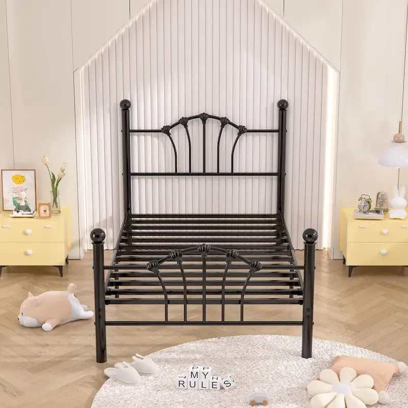 Cadre de lit plateforme classique en métal, lits jumeaux avec motif coquillage, espace de rangement sous le cadre, lit pour enfants