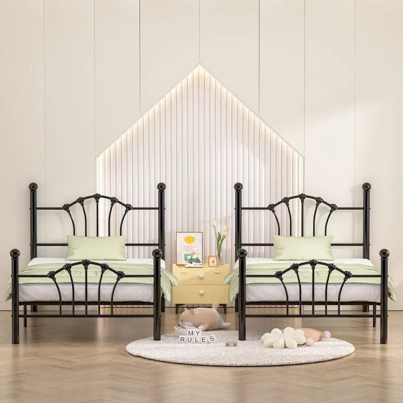 Classic Metal Platform Bed Frame, Twin Size Beds with Shell Style, Storage Space Under Bedframes, Kids Bed