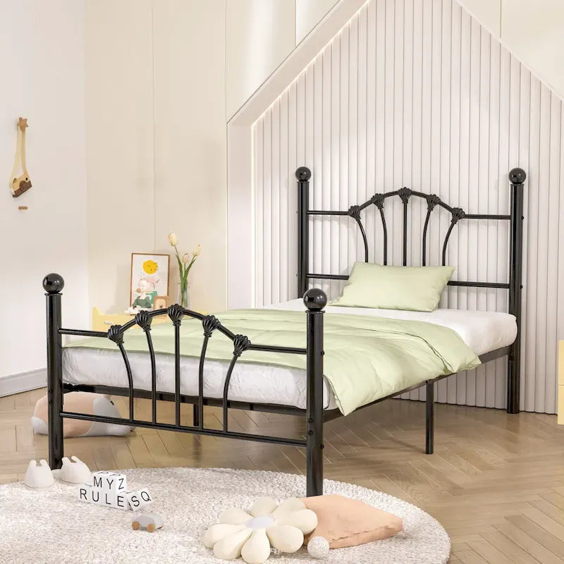 Classic Metal Platform Bed Frame, Twin Size Beds with Shell Style, Storage Space Under Bedframes, Kids Bed