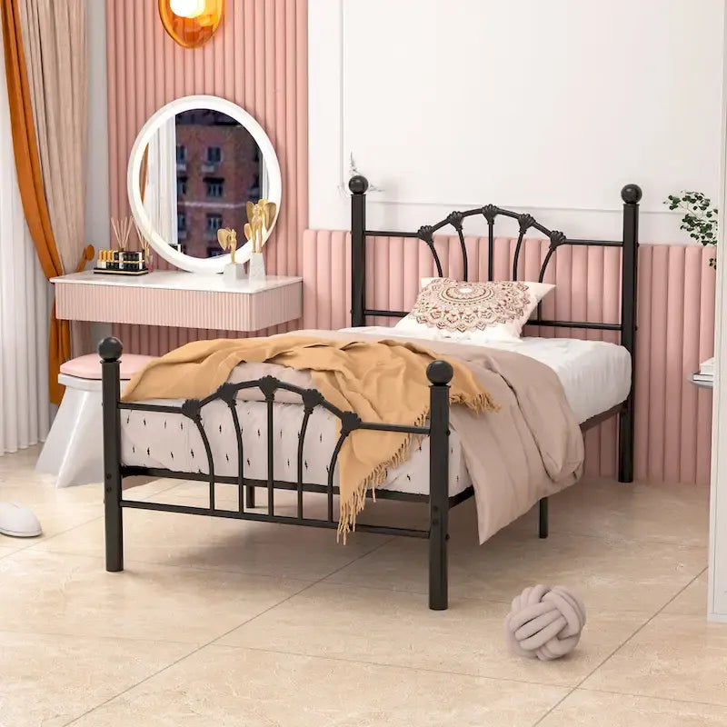 Classic Metal Platform Bed Frame, Twin Size Beds with Shell Style, Storage Space Under Bedframes, Kids Bed