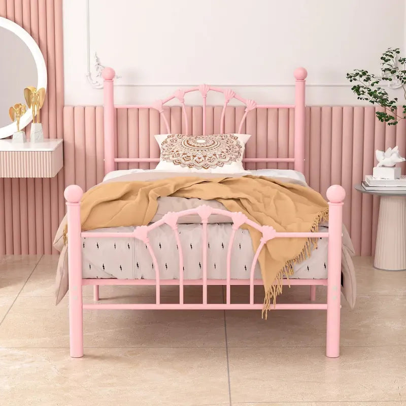 Classic Metal Platform Bed Frame, Twin Size Beds with Shell Style, Storage Space Under Bedframes, Kids Bed