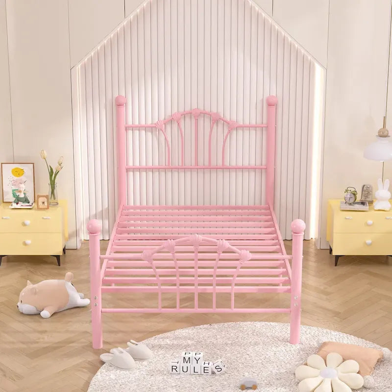 Classic Metal Platform Bed Frame, Twin Size Beds with Shell Style, Storage Space Under Bedframes, Kids Bed