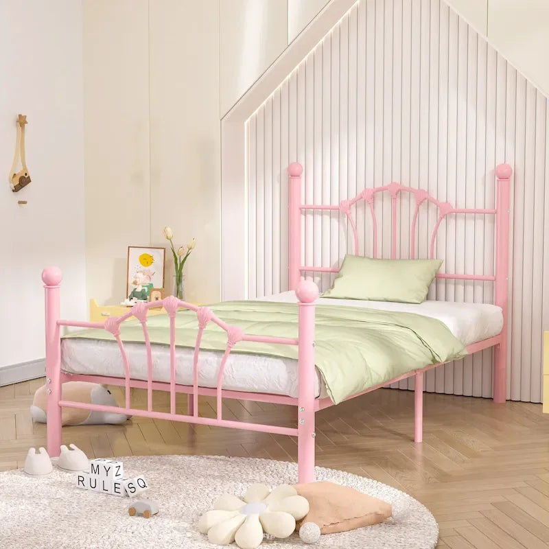 Classic Metal Platform Bed Frame, Twin Size Beds with Shell Style, Storage Space Under Bedframes, Kids Bed