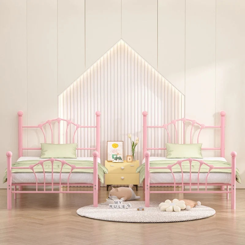 Classic Metal Platform Bed Frame, Twin Size Beds with Shell Style, Storage Space Under Bedframes, Kids Bed