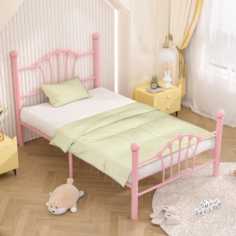 Classic Metal Platform Bed Frame, Twin Size Beds with Shell Style, Storage Space Under Bedframes, Kids Bed