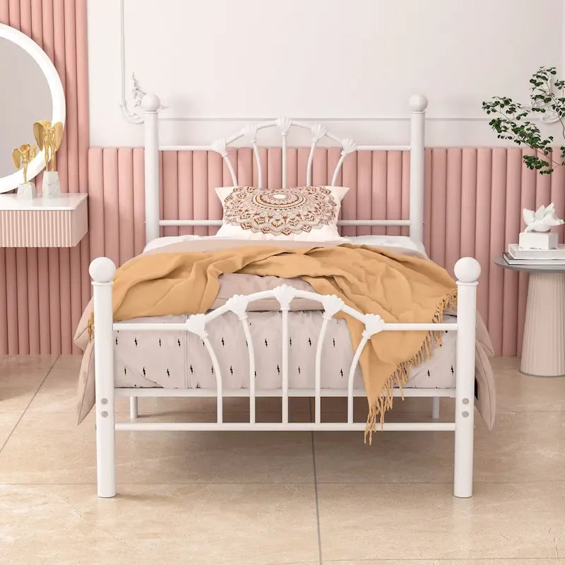 Classic Metal Platform Bed Frame, Twin Size Beds with Shell Style, Storage Space Under Bedframes, Kids Bed