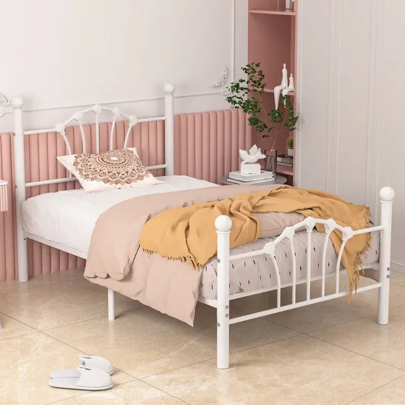 Classic Metal Platform Bed Frame, Twin Size Beds with Shell Style, Storage Space Under Bedframes, Kids Bed