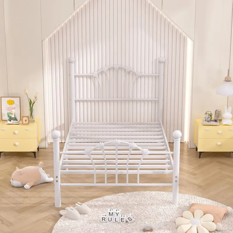 Classic Metal Platform Bed Frame, Twin Size Beds with Shell Style, Storage Space Under Bedframes, Kids Bed