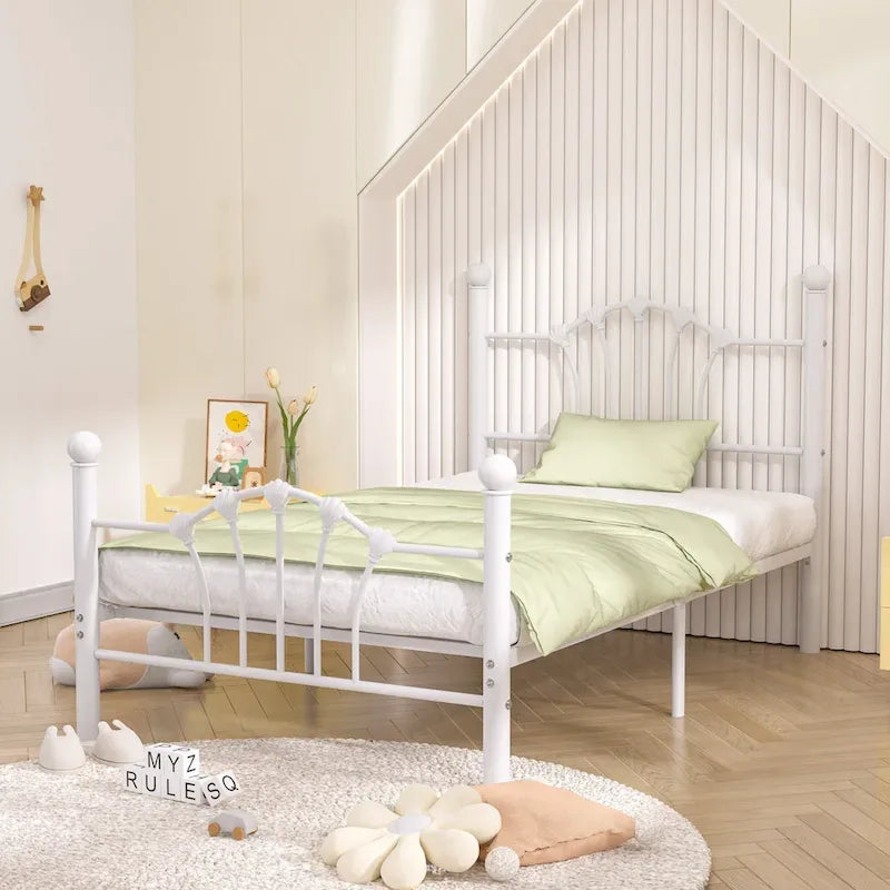 Classic Metal Platform Bed Frame, Twin Size Beds with Shell Style, Storage Space Under Bedframes, Kids Bed