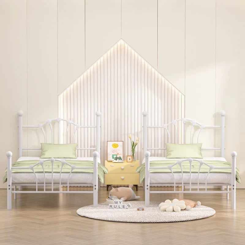 Classic Metal Platform Bed Frame, Twin Size Beds with Shell Style, Storage Space Under Bedframes, Kids Bed