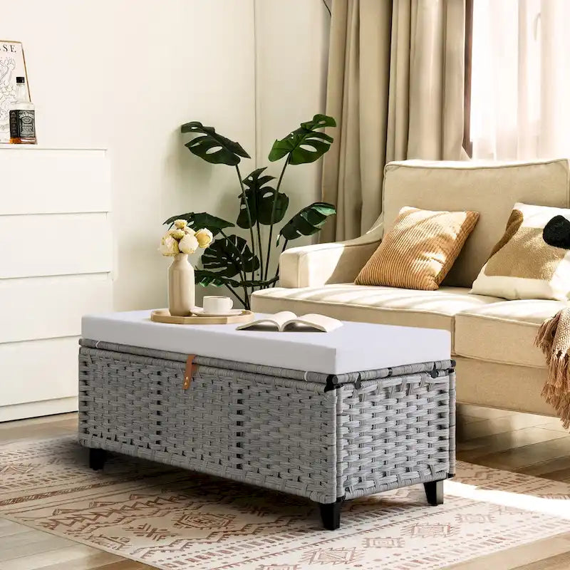 Opbergbank van wicker met kussen voor slaapkamer, woonkamer of veranda - 18.5 H X 43.3 W X 18.5 D