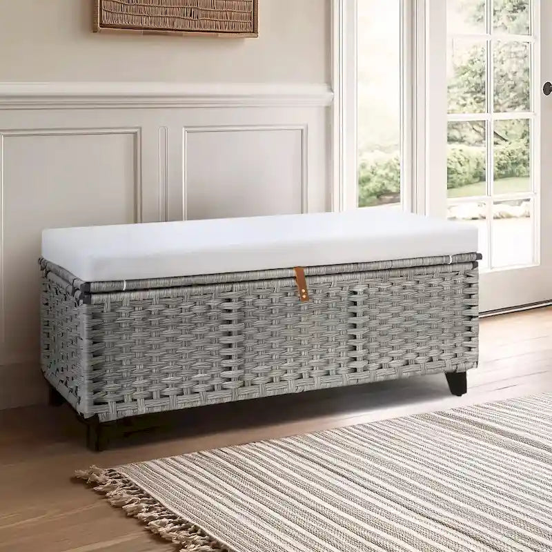 Opbergbank van wicker met kussen voor slaapkamer, woonkamer of veranda - 18.5 H X 43.3 W X 18.5 D