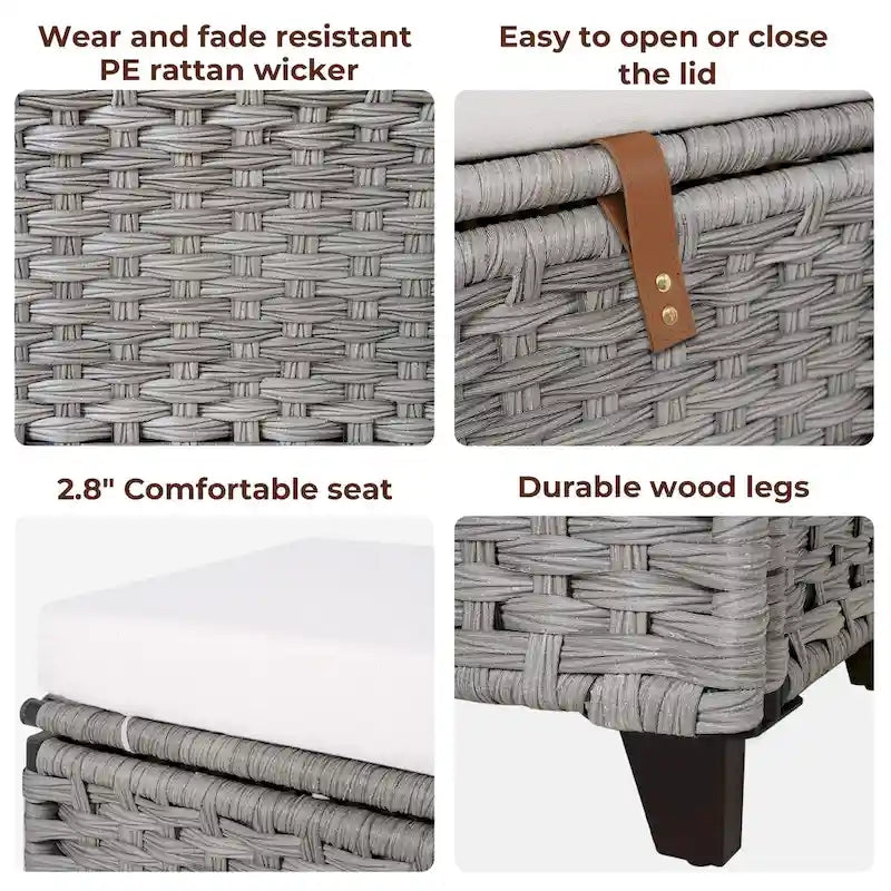 Opbergbank van wicker met kussen voor slaapkamer, woonkamer of veranda - 18.5 H X 43.3 W X 18.5 D