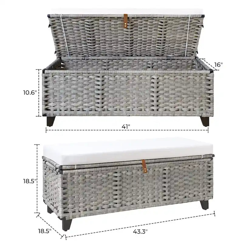 Opbergbank van wicker met kussen voor slaapkamer, woonkamer of veranda - 18.5 H X 43.3 W X 18.5 D