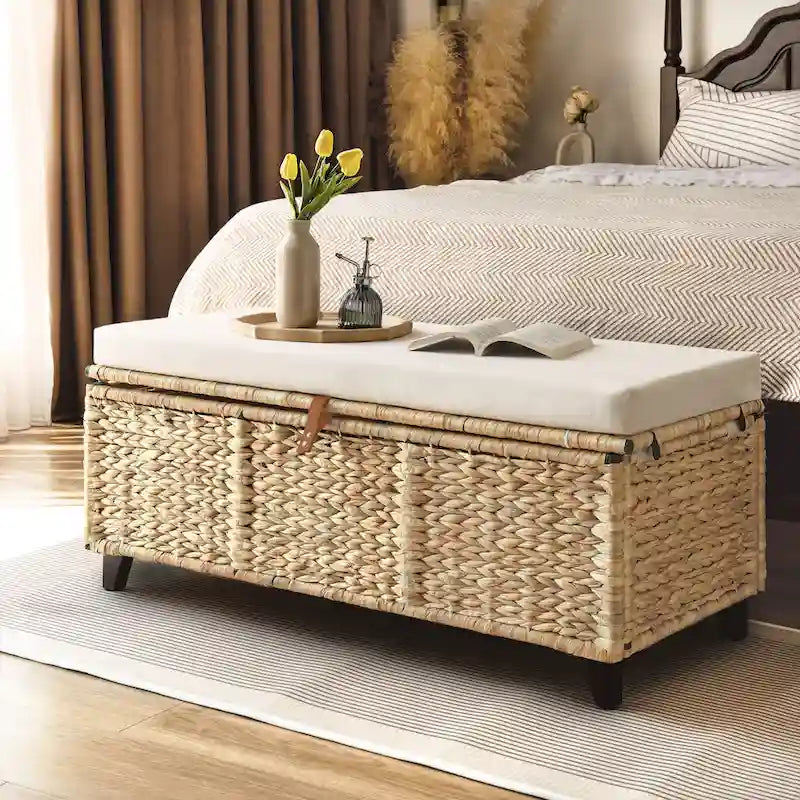 Opbergbank van wicker met kussen voor slaapkamer, woonkamer of veranda - 18.5 H X 43.3 W X 18.5 D