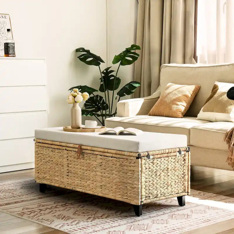 Opbergbank van wicker met kussen voor slaapkamer, woonkamer of veranda - 18.5 H X 43.3 W X 18.5 D