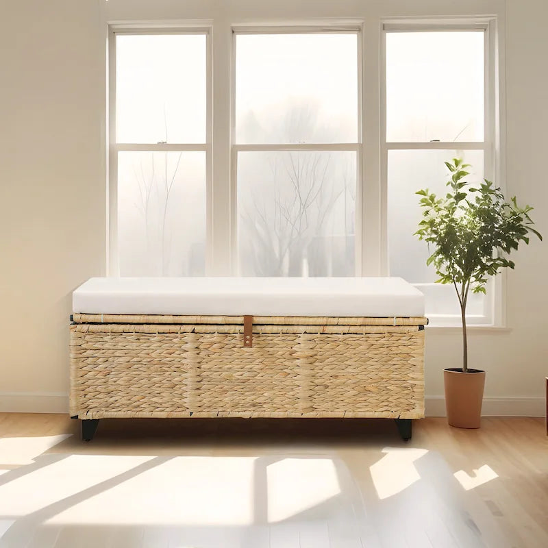 Opbergbank van wicker met kussen voor slaapkamer, woonkamer of veranda - 18.5 H X 43.3 W X 18.5 D