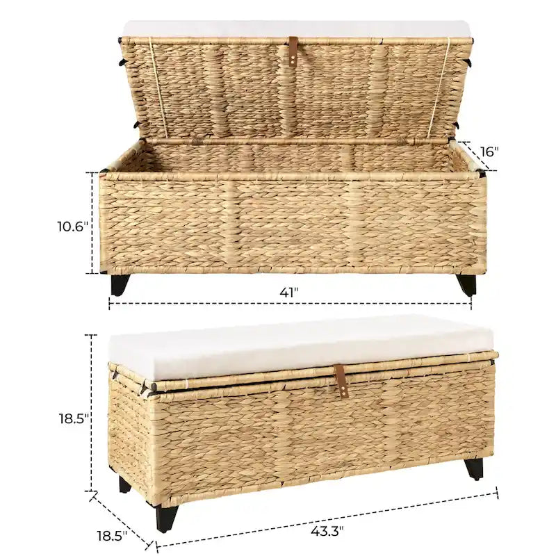 Opbergbank van wicker met kussen voor slaapkamer, woonkamer of veranda - 18.5 H X 43.3 W X 18.5 D