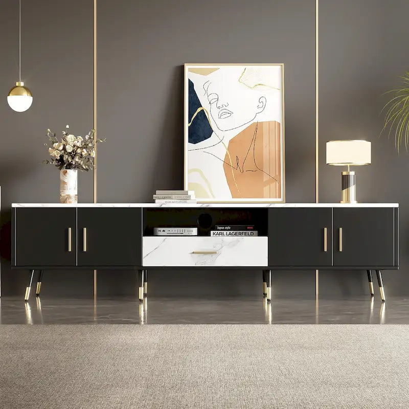 Meuble TV moderne avec 2 placards et compartiments ouverts, console de télévision pour le salon ou la chambre