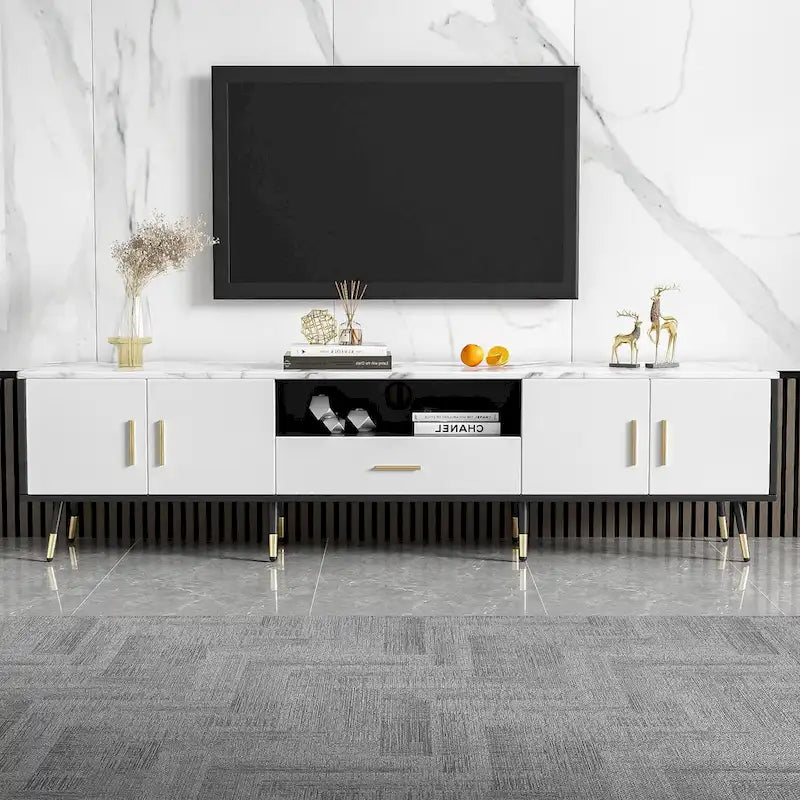 Meuble TV moderne avec 2 placards et compartiments ouverts, console de télévision pour le salon ou la chambre