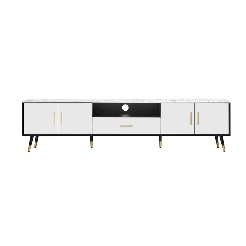 Meuble TV moderne avec 2 placards et compartiments ouverts, console de télévision pour le salon ou la chambre